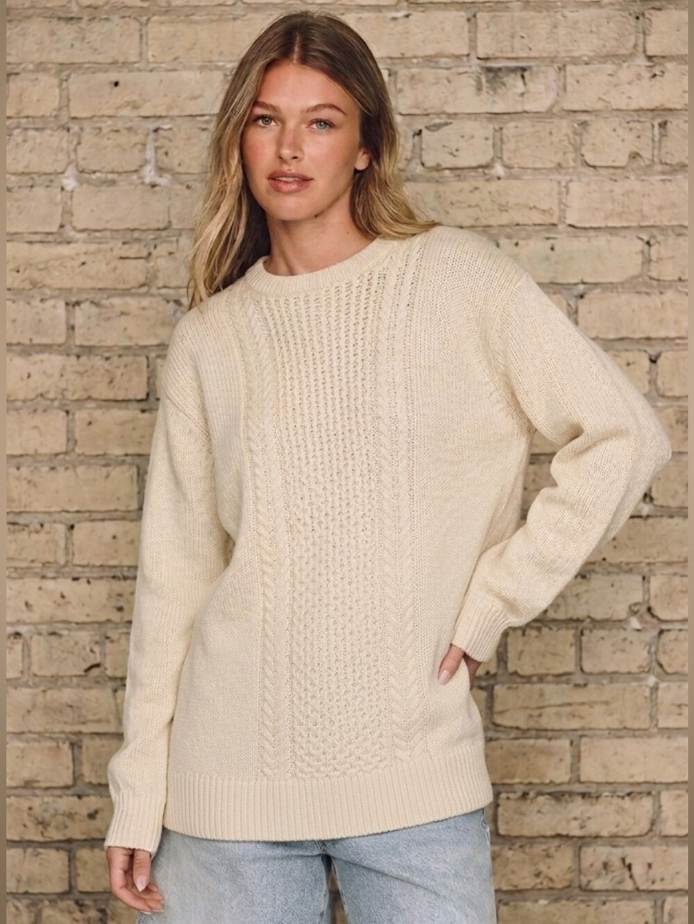 Attitude Merino Wool cable knit crew neck long sweater beige cream white XL